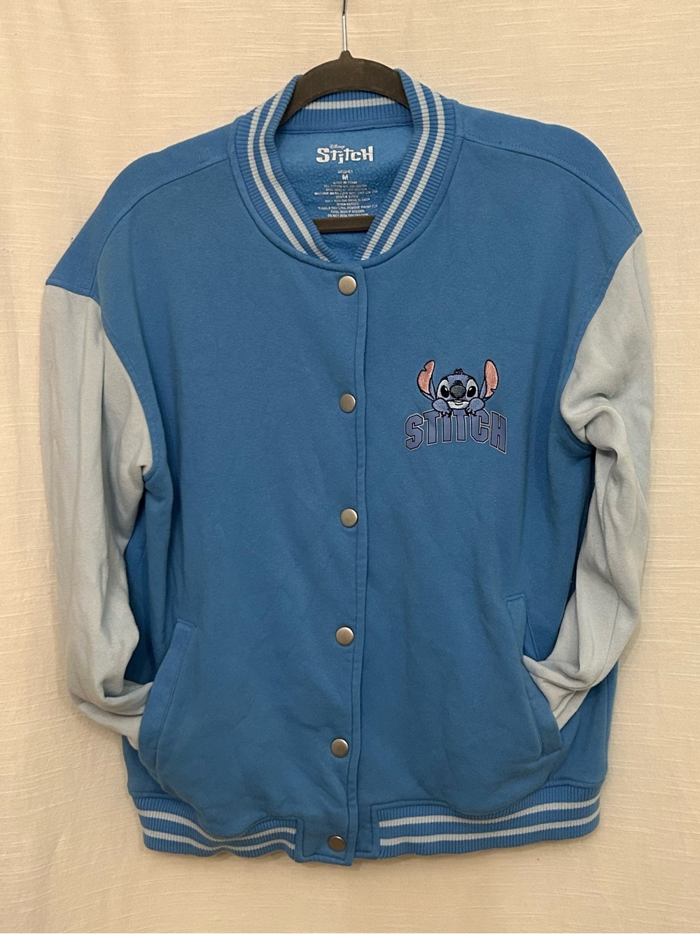 Disney Blue Stitch Varsity Bomber Jacket with Light‎ Blue Sleeves